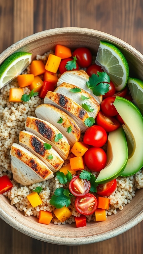 A colorful chicken bowl with grilled chicken, quinoa, bell peppers, cherry tomatoes, and avocado, garnished with cilantro and lime.